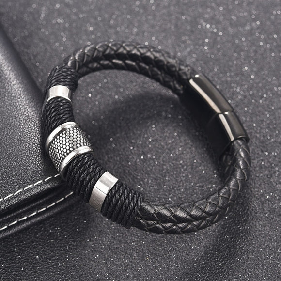 Jiayiqi Braid Genuine Leather Bracelet Titanium (Stainless Steel)